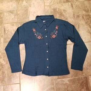 Vintage Basics Long Sleeve Embroidered Flower Button Up Top Women's Size Large